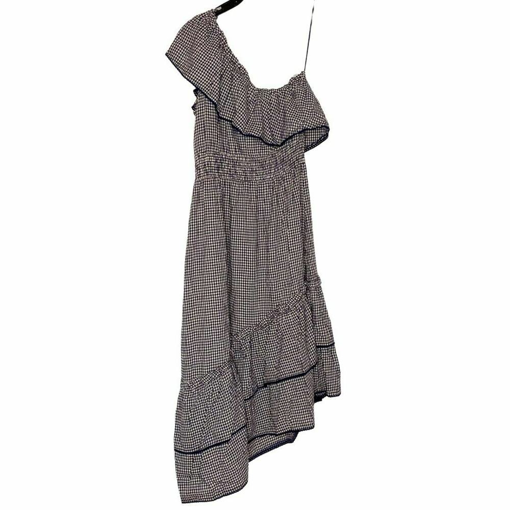 NSR Black Gingham One Shoulder Dress Angled Ruffle Hem Women's Size Medium